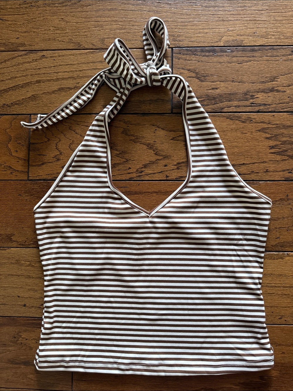Striped Halter Tie-Neck Tank Top — Brown and White